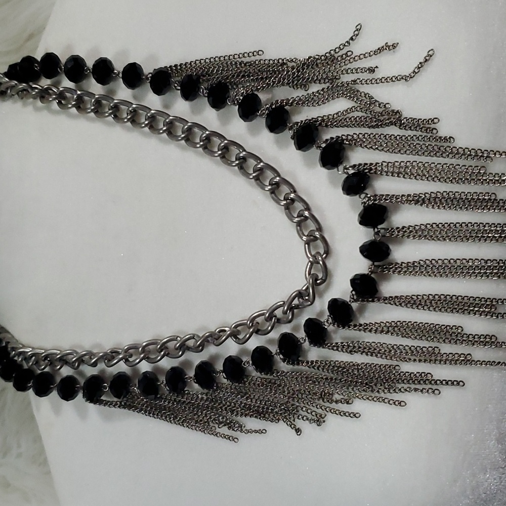 Black and silver layered statement necklace